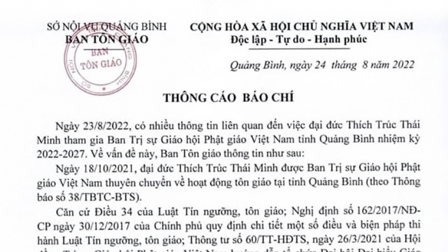 Quảng Bình trả lời việc thuyên chuyển, bổ nhiệm Đại đức Thích Trúc Thái Minh